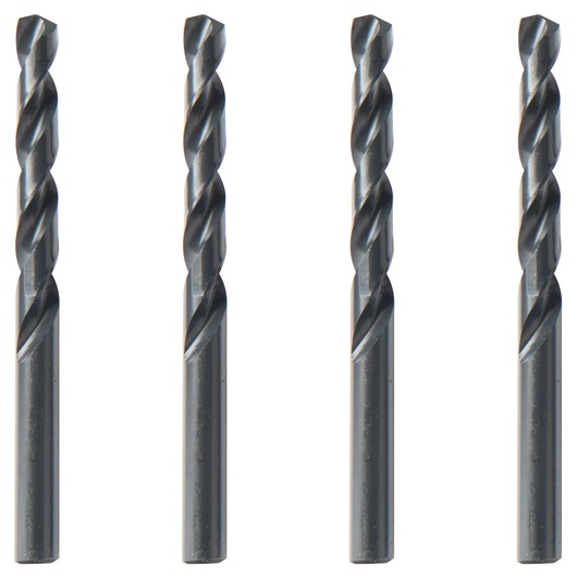 IRWIN 63528ZR metal drill bit set, four silver bits, straight-on angle, white background.