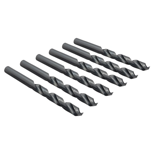 IRWIN 63528ZR drill bit set, six black metal twist drill bits angled on white background.
