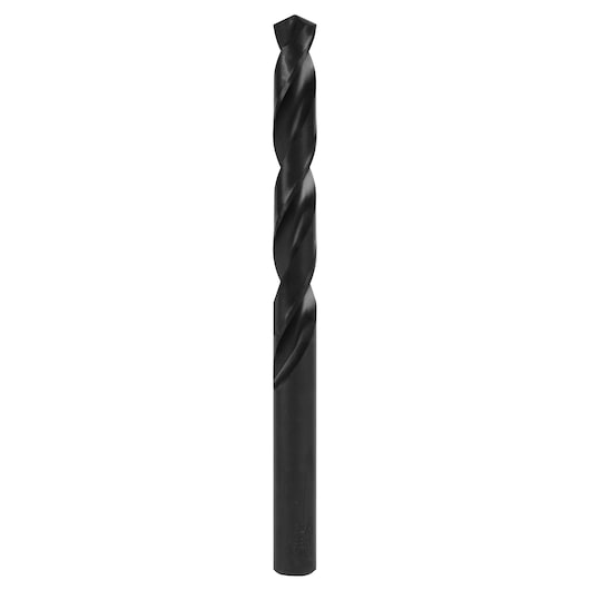 IRWIN 63530 black oxide drill bit upright on white background, spiral fluted, metal drill bit category.