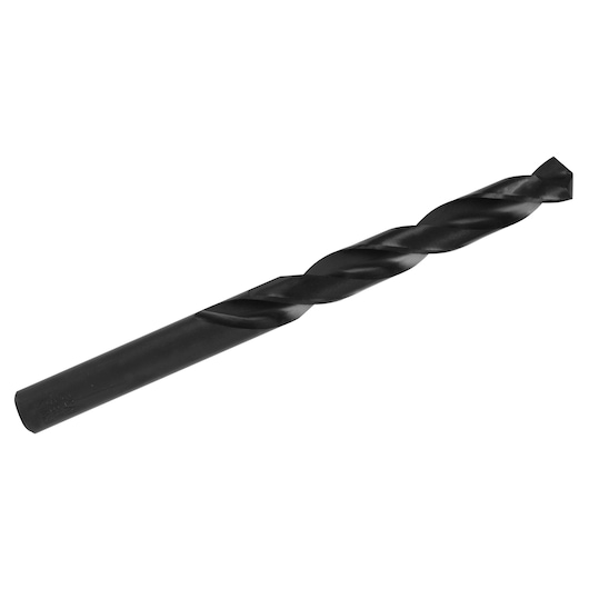 IRWIN 63530 black oxide drill bit, straight shank, side angle on white background.