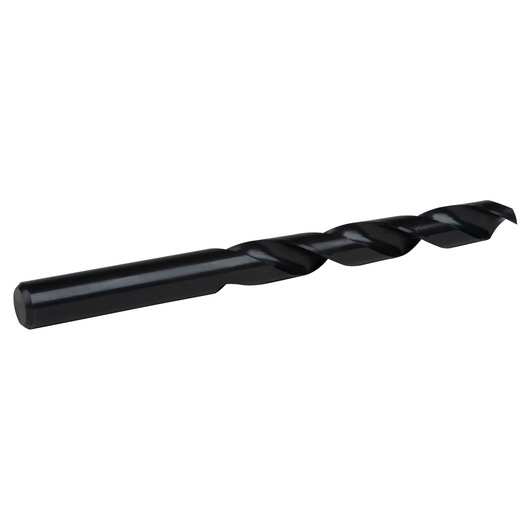 Photo of IRWIN 63532 black twist drill bit, side angle, on white background.