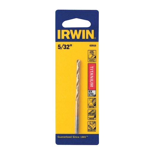 IRWIN 63910 titanium drill bit 5/32 inch in yellow and blue retail packaging, front angle.
