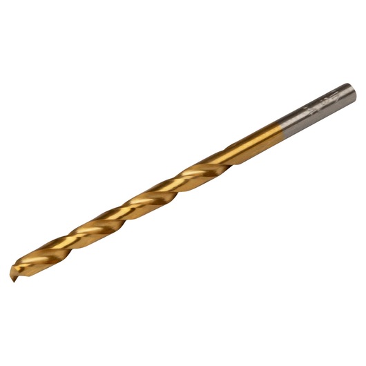 IRWIN 63911 gold and silver twist drill bit, side angle on white background.