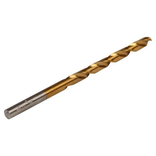 IRWIN 63911 gold and silver twist drill bit, side angle on white background.