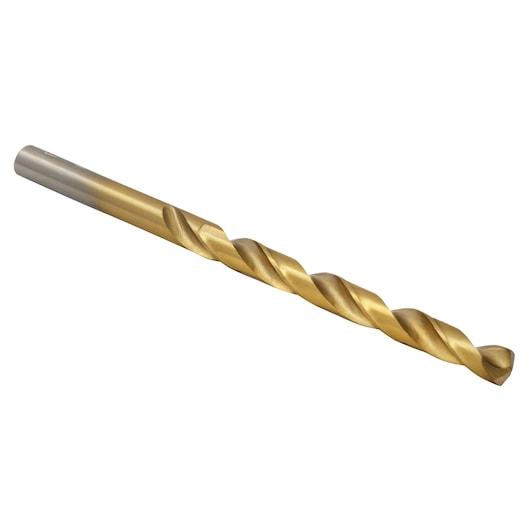 IRWIN 63913 gold titanium-coated drill bit, side angle on white background.