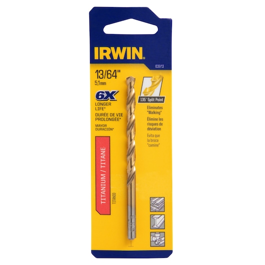 IRWIN 13/64 inch titanium drill bit in yellow and blue packaging, front angle, SKU 63913.