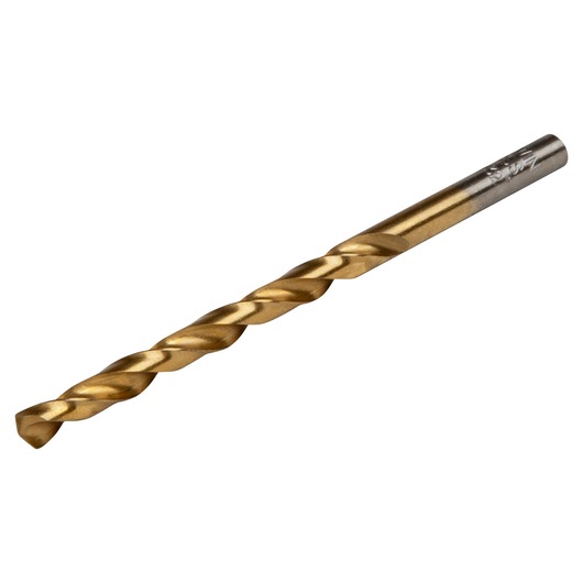 Photo of IRWIN 63914 gold-tone twist drill bit, angled on white background, drill accessory.