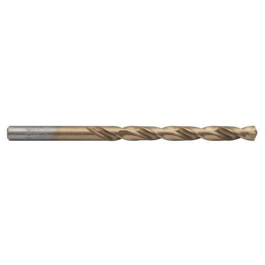 IRWIN 63915 gold and silver twist drill bit, side view, on white background.
