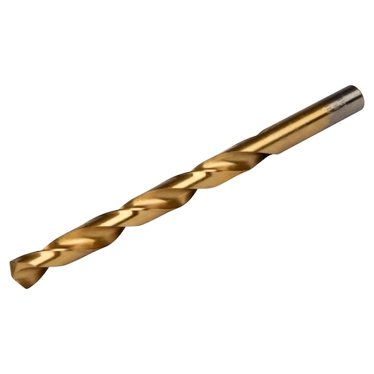 IRWIN 63922 gold titanium-coated twist drill bit, product photography, side angle on white background.