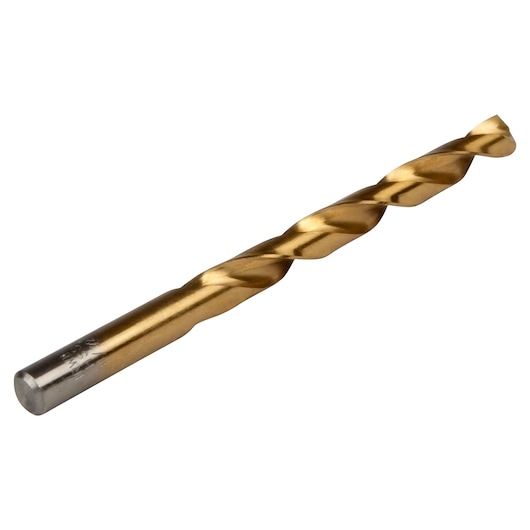 Photo of IRWIN 63922 gold titanium-coated twist drill bit on white background, side angle.