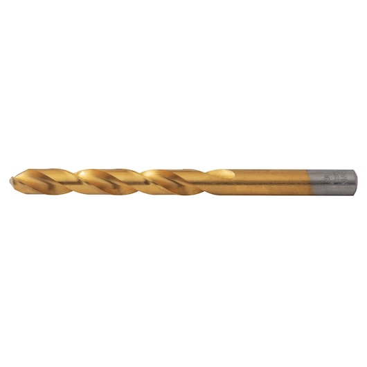 IRWIN 63928 gold metallic twist drill bit, side view, on white background.