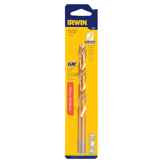 IRWIN 63930 titanium drill bit, 15/32 inch size, in yellow and blue retail packaging, front angle.