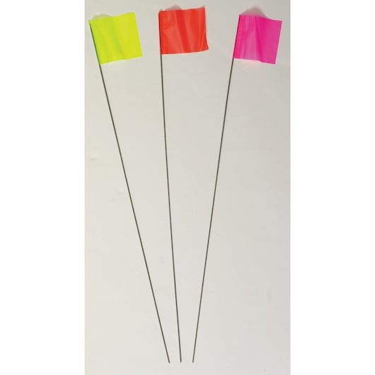 IRWIN 64102 photography of three marking flags with yellow, red, and pink plastic on metal stakes, front view.