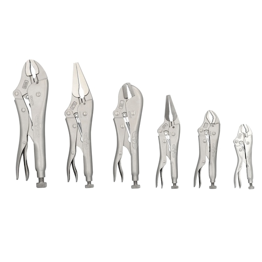 IRWIN 641_70306409 photography of six silver locking pliers in different sizes, front angle on white background.