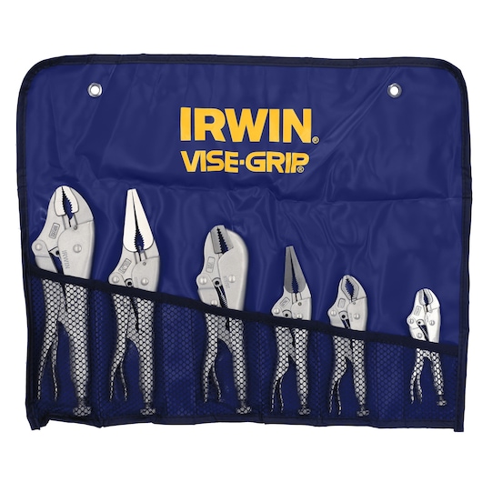 IRWIN VISE-GRIP 641_70306409 locking pliers set in blue roll-up pouch, six silver pliers visible.