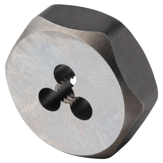 IRWIN 6428 round metal threading die, silver and black, shown at angle on white background.
