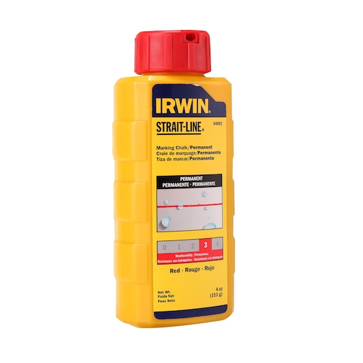 IRWIN 64802 red marking chalk bottle with yellow body, red cap, and permanent formula, front angle on white background.