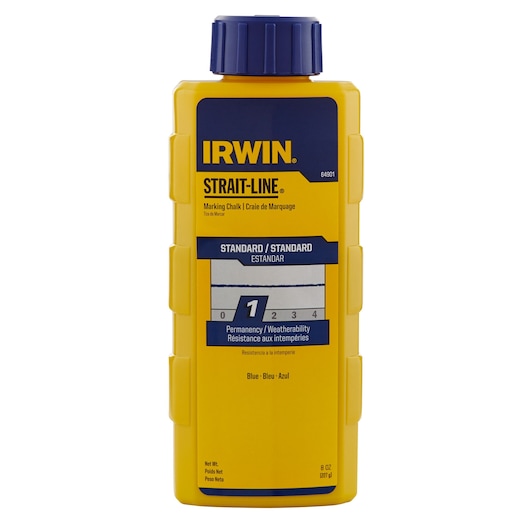 Photo of IRWIN 64901 marking chalk bottle, yellow body with blue cap and blue label, front angle on white background.