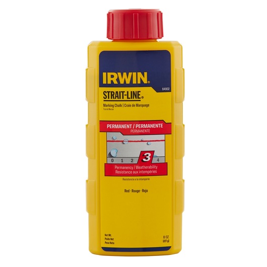 Photo of IRWIN 64902 marking chalk bottle, yellow container with red cap, STRAIT-LINE branding, front view.