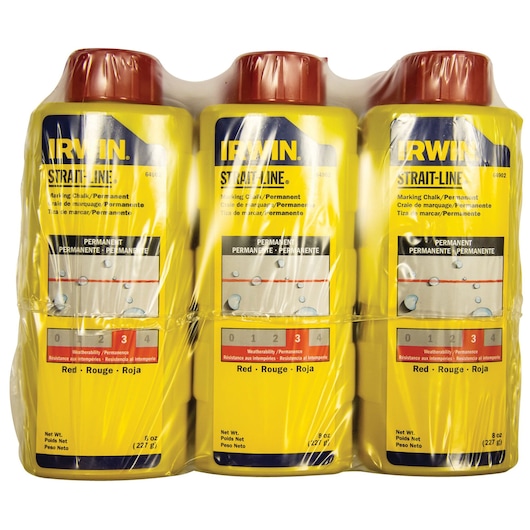 IRWIN STRAIT-LINE permanent red marking chalk, SKU 64902, photography of three 8 oz bottles in plastic wrap, front angle.