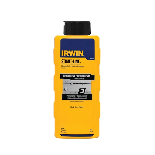 Photo of IRWIN 64908 marking chalk bottle, yellow plastic container with black cap, front label shows permanent black chalk.