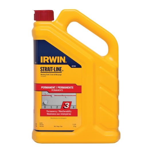 Photo of IRWIN 65102 marking chalk, yellow plastic container with handle, red cap, front angle on white background.