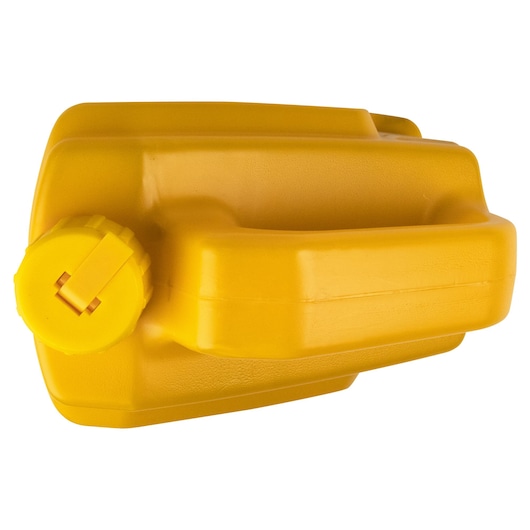 IRWIN 65103 yellow plastic fuel container with handle and screw cap, top angle, on white background.
