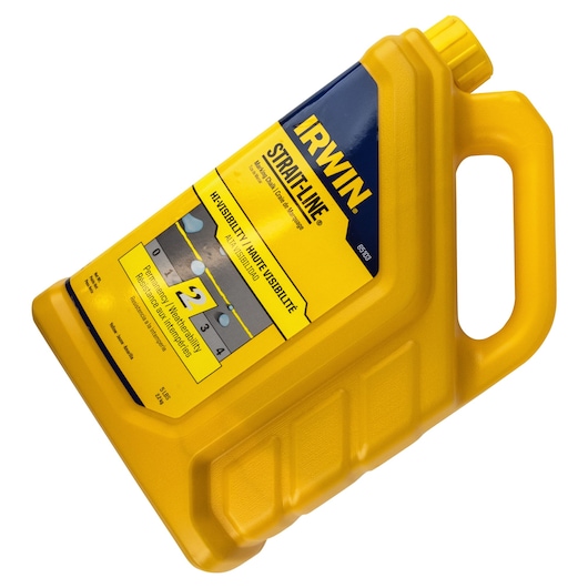 Photo of IRWIN chalk refill bottle 65103, yellow plastic container with blue and yellow label, angled on white background.