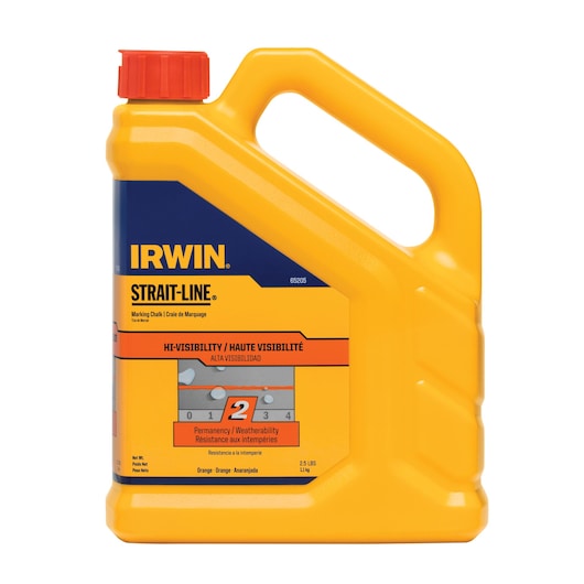 IRWIN 65205 orange marking chalk container with handle and red cap, front angle on white background.