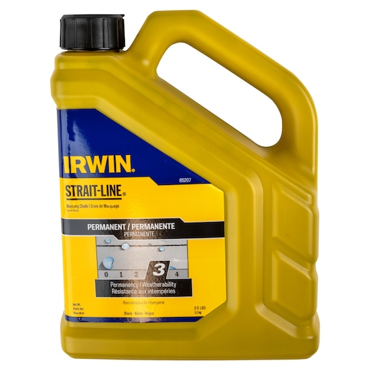 Photo of IRWIN STRAIT-LINE 65207 yellow plastic jug with black cap, permanent marking chalk label, front angle on white.