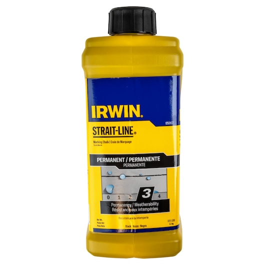 Photo of IRWIN 65207 STRAIT-LINE black marking chalk bottle, front angle on white background.