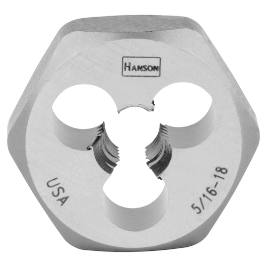 IRWIN hexagonal steel threading die, silver color, front angle, SKU 6527, photography category.