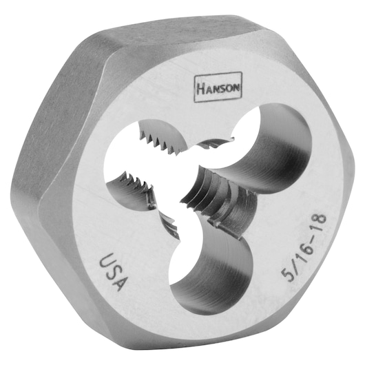 IRWIN SKU 6527 steel hex die, close-up on white background, threading tool for cutting external threads.