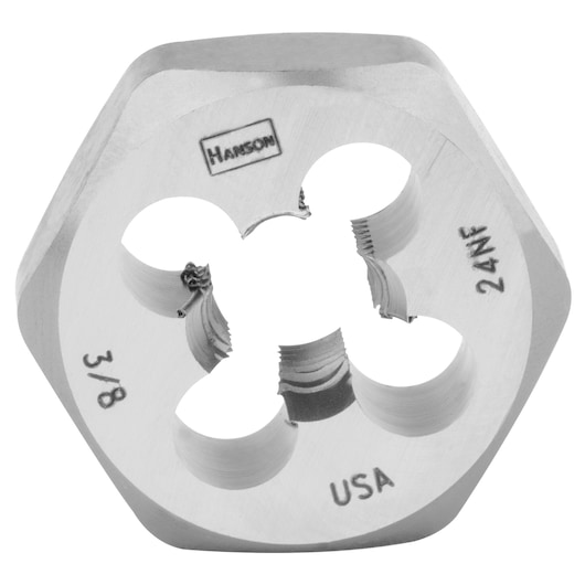 IRWIN 6536 hexagonal steel die, silver color, front angle, threading tool for photography category