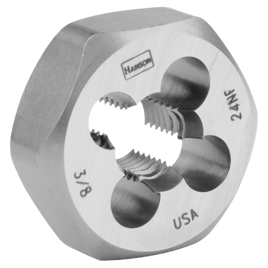 IRWIN die 6536, steel round threading tool, angled view, with engraved markings and HANSON logo.