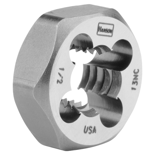 Photo of IRWIN 6544 hex die tool, steel with engraved markings, shown at angled view on white background.