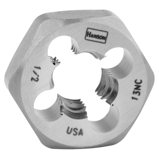 Photo of IRWIN 6544 hexagonal steel die for threading, 1/2-13NC, silver finish, close-up on white background.