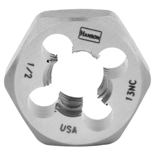 IRWIN 6544 hexagonal steel threading die, 1/2-13NC, close-up on white background.