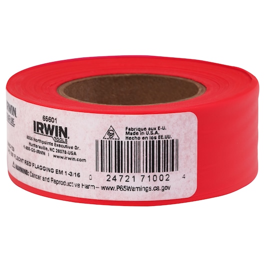 IRWIN 65601 roll of fluorescent red flagging tape, close-up angle on white background.