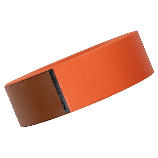 IRWIN 65602 sanding belt, orange and brown, photography, side angle on white background.