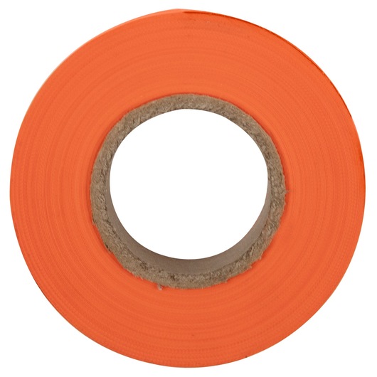 Photo of IRWIN 65602 orange marking tape roll, top view, on white background, photography product.