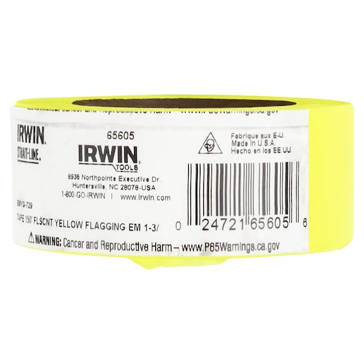 IRWIN 65605 yellow flagging tape roll, side angle on white background showing product label and barcode.