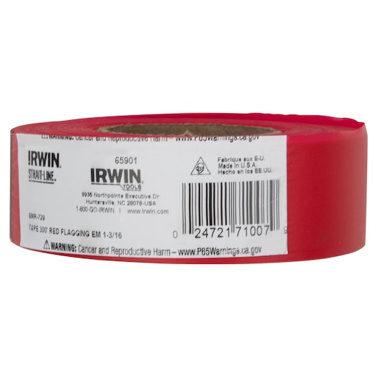 IRWIN red flagging tape roll 65901 with barcode, white label and warning text, side angle on white background.