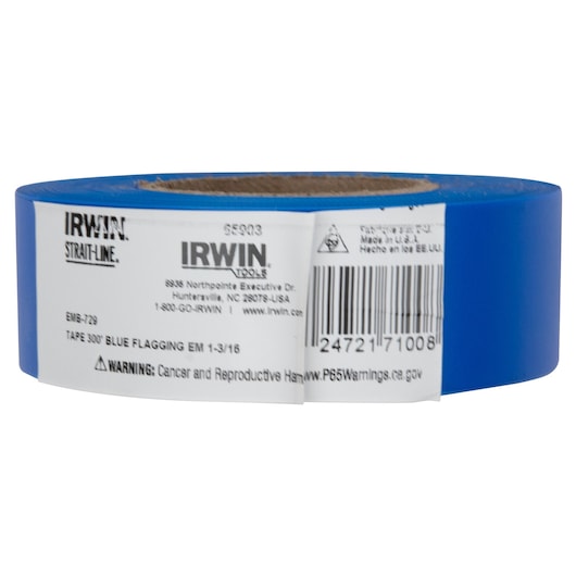 IRWIN blue flagging tape roll 65903, front angle on white background with product label visible.