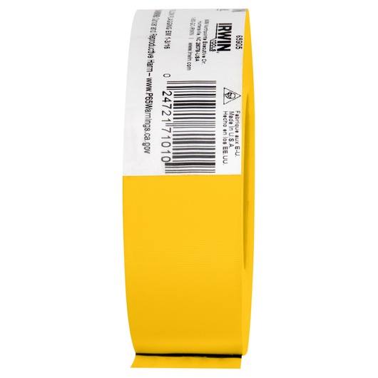 IRWIN 65905 yellow adhesive tape roll side view with product label and barcode visible, photography with white background.