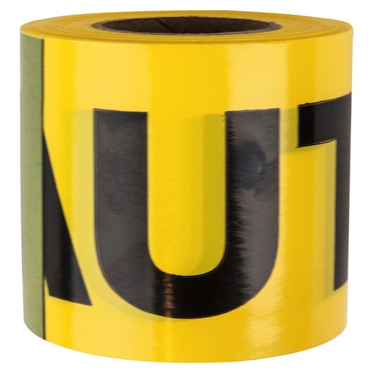 IRWIN 66200 roll of yellow caution tape with large black lettering, photography, front angle.