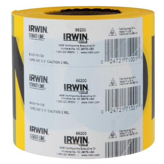 Photo of IRWIN caution tape roll, SKU 66200, yellow with product labels, angled view on white background.