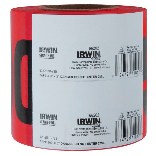IRWIN red and black warning tape roll, SKU 66202, photographed from angle showing label and barcode.