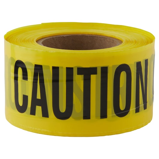 IRWIN 66211 yellow caution tape roll with bold black lettering, photography, front angle on white background.