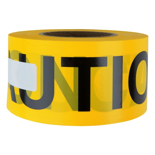 IRWIN 66231 yellow caution tape roll, black lettering, photography, front angle